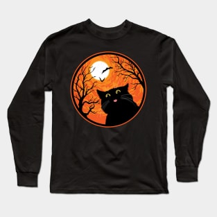 Creepy Cute Halloween Black Cat Going BLEP Long Sleeve T-Shirt